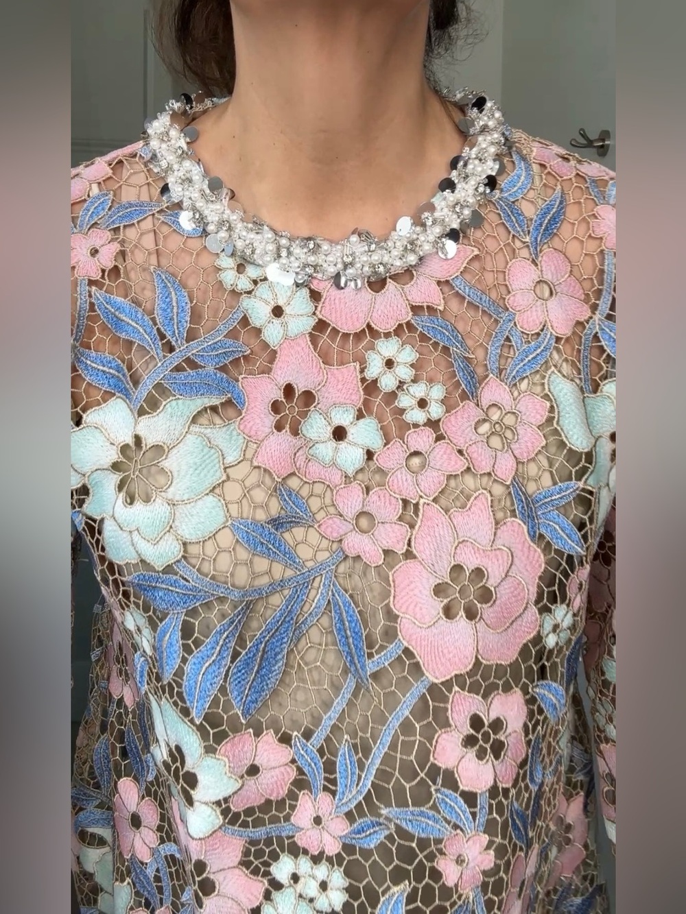 Floral Lace Embellished Pink & Blue Top NWT - Picture 5 of 7